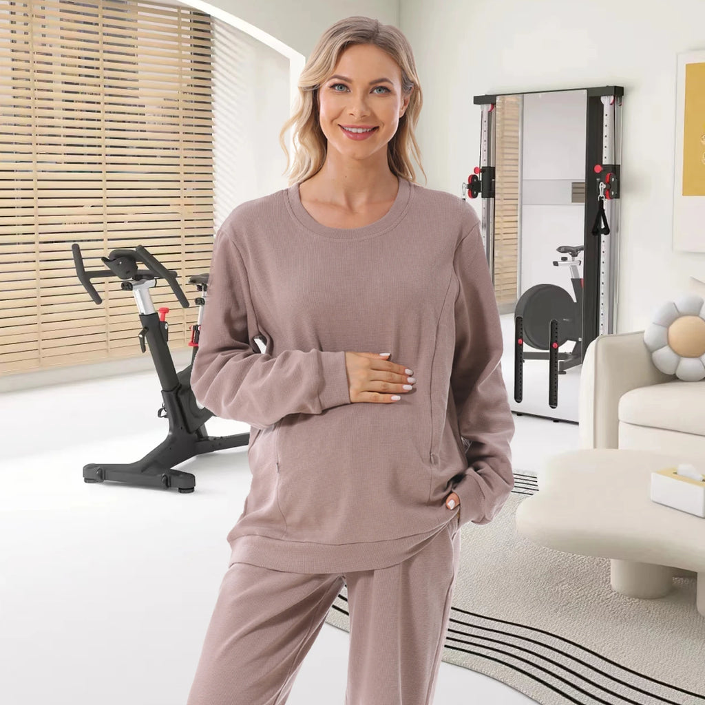 2025 New Maternity Clothes Wear Waffle Breastfeeding Sweater Hoodies Pregnancy Casual Tops for Pregnant Women Autumn Winter