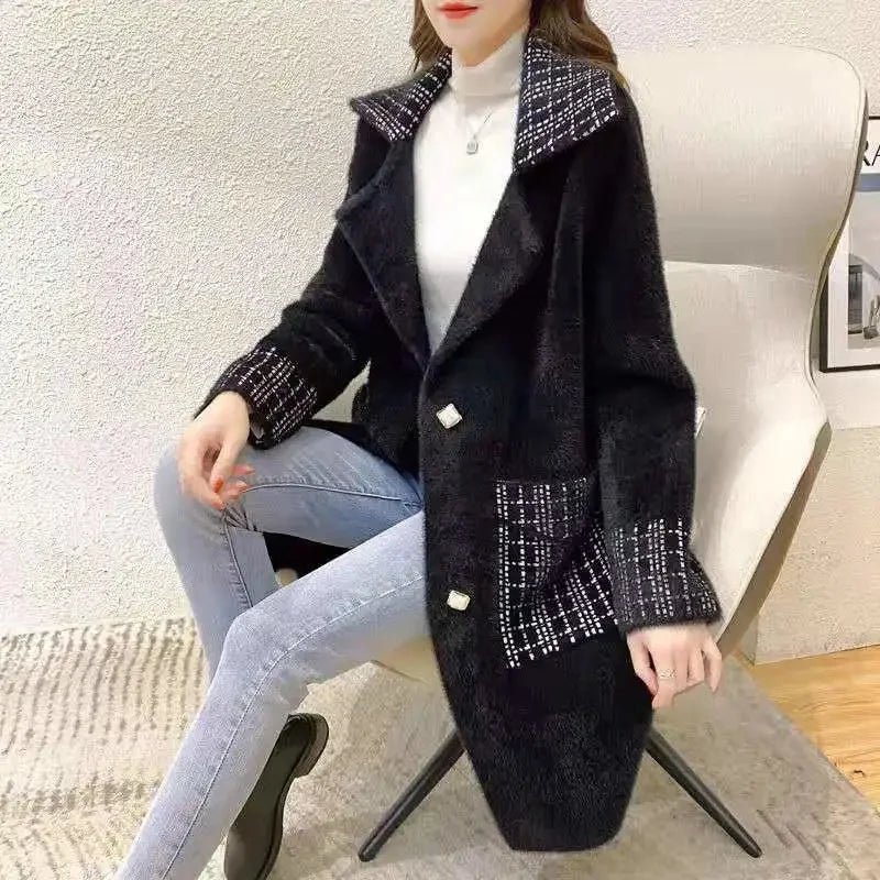 Woolen Coat Women New Autumn Winter Korean Trend Ladies Imitation Mink Velvet Jacket Simple Mid-Length Female Thickened Top Coat