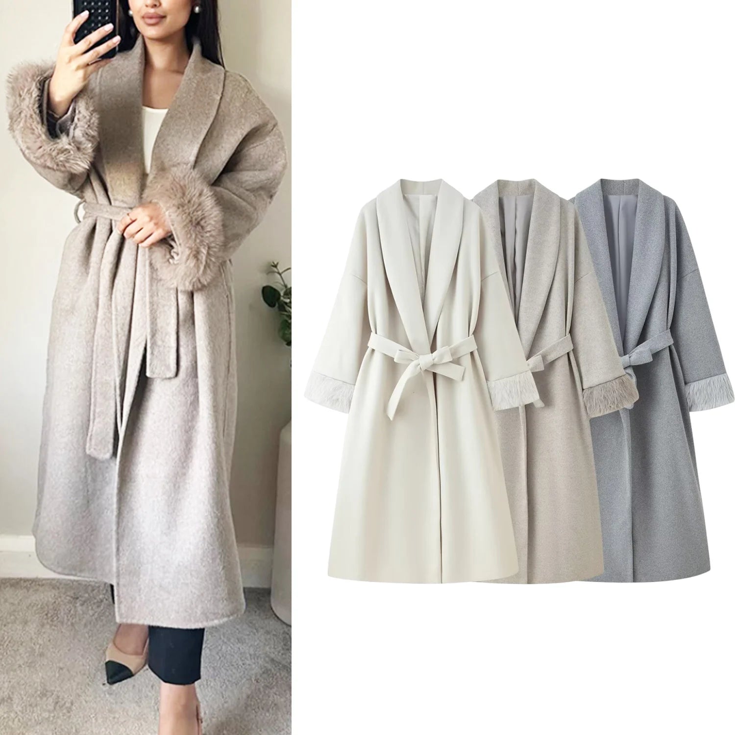 Women's Elegant Woolen Coat Lady Turn-Down Collar With Belt Full Sleeved Outerwear Female Bathrobe Styled Thicken Long Jackets