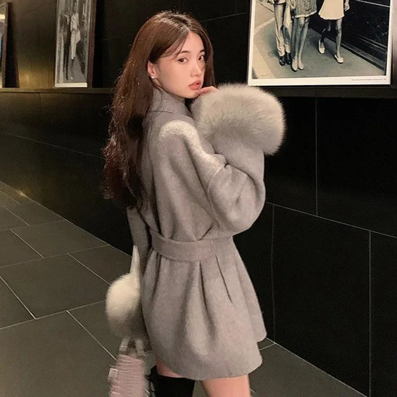 Tossy Fox Fur Wool Overcoat Women's Short Coat Office Lady Elegant Double-sided Woolen Coat 2025 New Cardigan Jackets Loose Wool