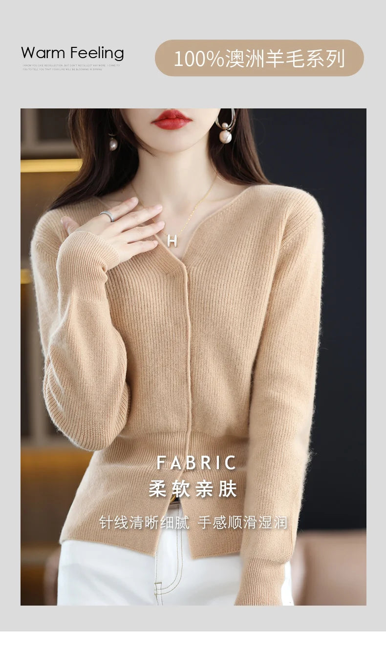 Cashmere Sweater Women's Cardigan Scissors Collar Hidden Buckle Pure Wool Sweater Autumn and Winter Coat Waist Slim Commute Top