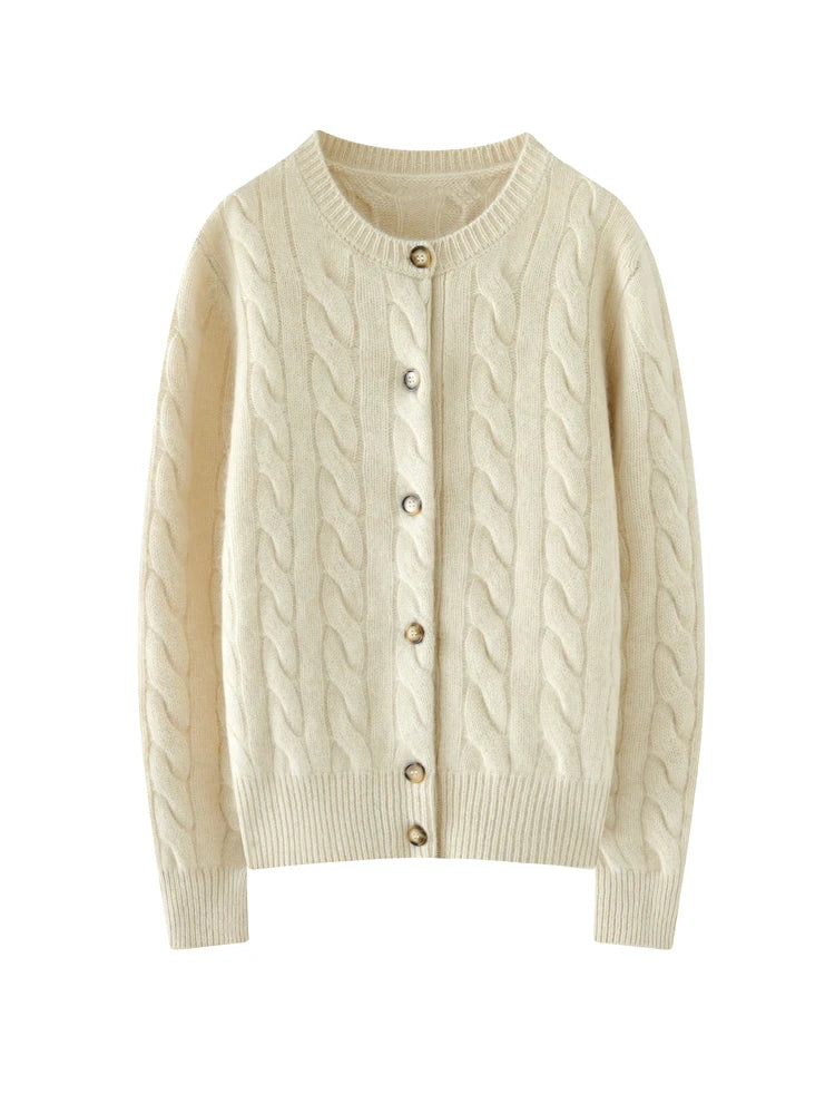 Luxury Women 100% Cashmere Sweater O-neck Cardigan Cable Knitting Thick Sweater Coat Autumn Winter Heavyweight Cashmere Clothes