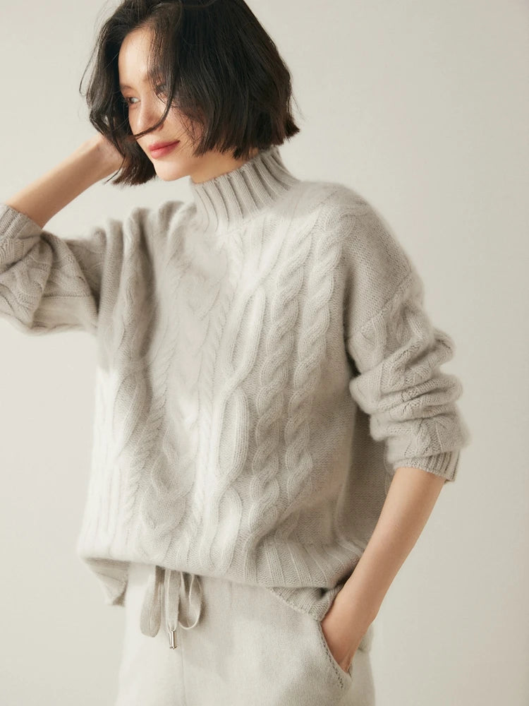 Women 100% Cashmere Sweater Mock Neck Pullover Cable Knitting Vintage Loose Style Thickened Cashmere Knitwear Autumn Winter Tops