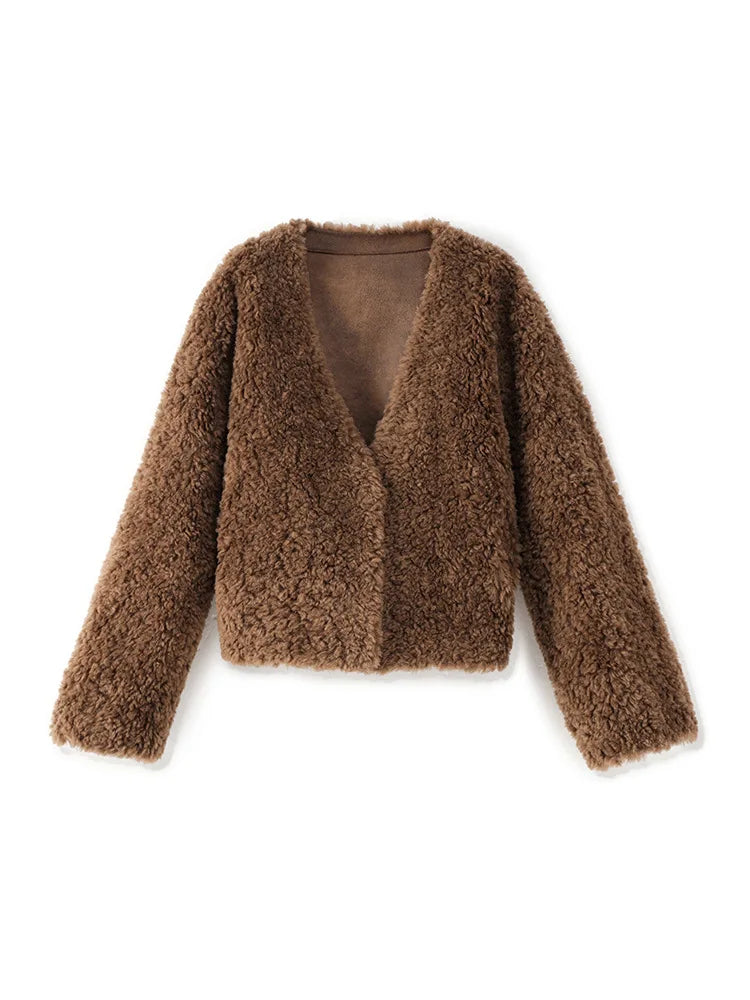 100% Wool Short Jackets for Women 2024 Autumn Winter V Neck Lamb Wool Coat Womens Clothing Fashion Outerwears Casaco Feminino