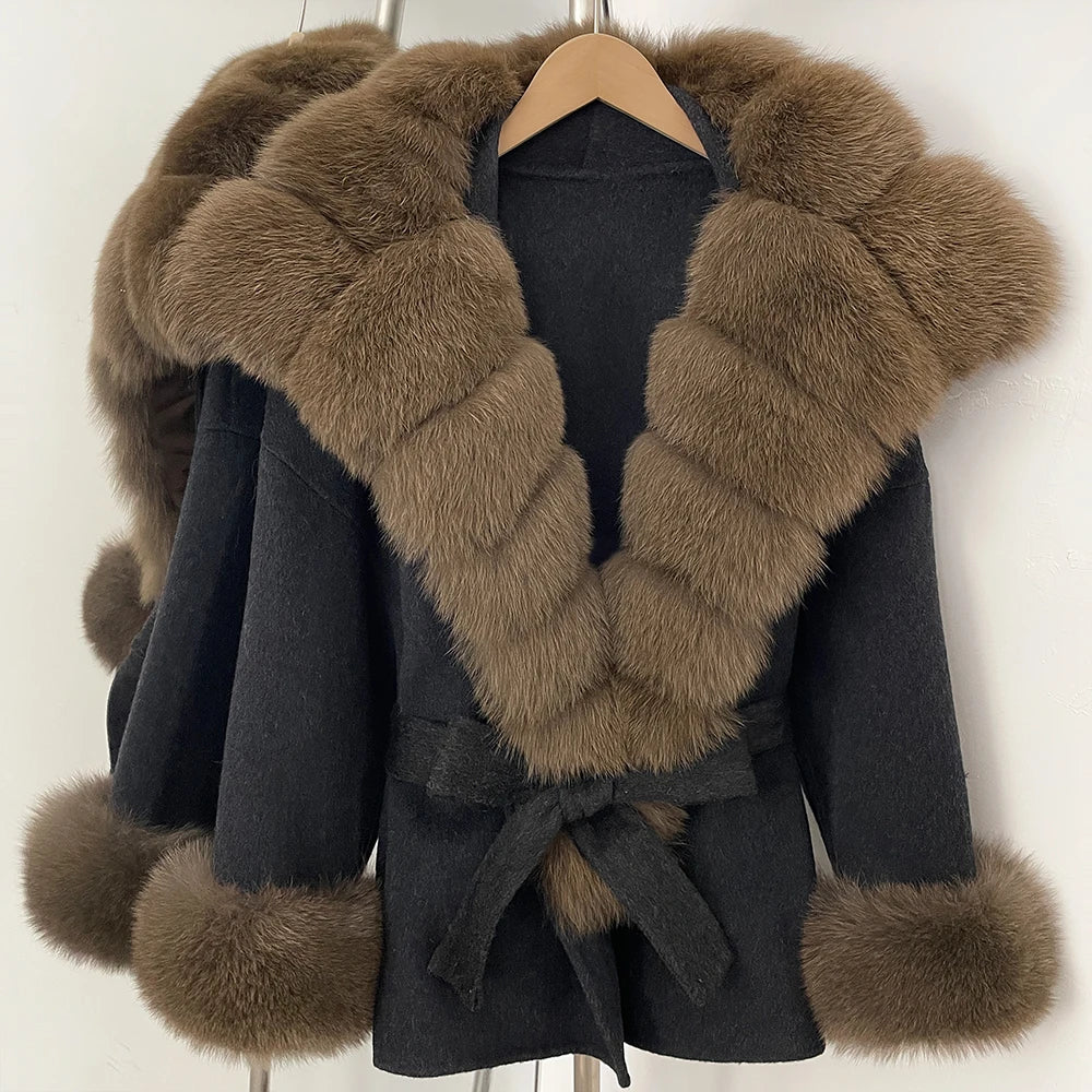 Wool Coat Women Woman New Fashion Winter Autumn Real Fur Jacket Luxury Real Fox Fur Coats Ladies Belt Design Woolen Outwear