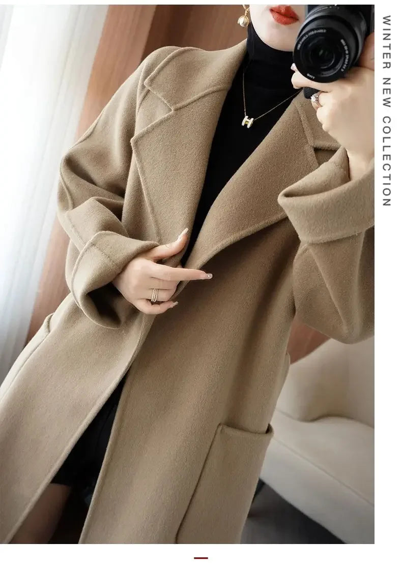 100% Wool Coat Women's Wear 2025 Autumn/Winter Fashion Temperament Double sided Cashmere Coats with Belt Elegant Long Overcoat
