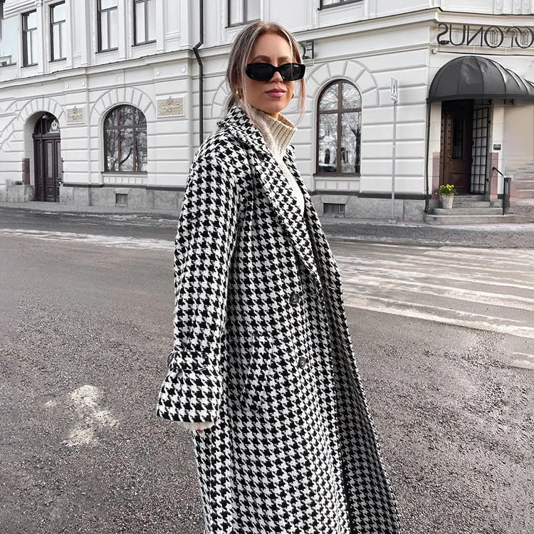 Long Coat Women Coats Work Turn Down Collar Houndstooth Thick Work Trench Streetwear Elegant Jackets Open Stith Autumn Winter