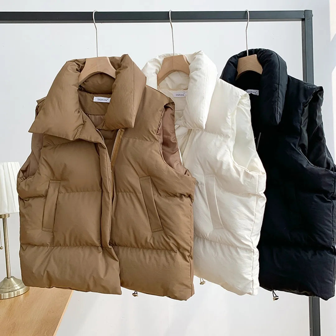 Women's Winter Short down Sleeveless Vest Warm Stand Collar Zipper Jacket Casual Fashion Quilted Cropped Coats Street Outerwear