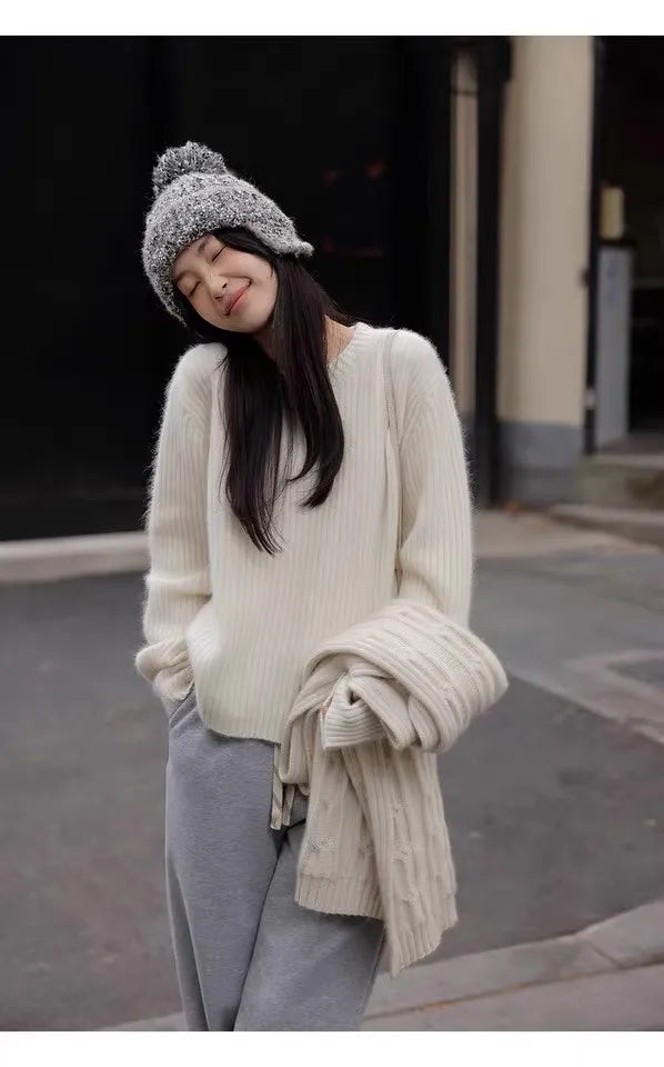 100% Cashmere sweater for women's autumn and winter loose and soft sweater wool knitted sweater round neck base layer