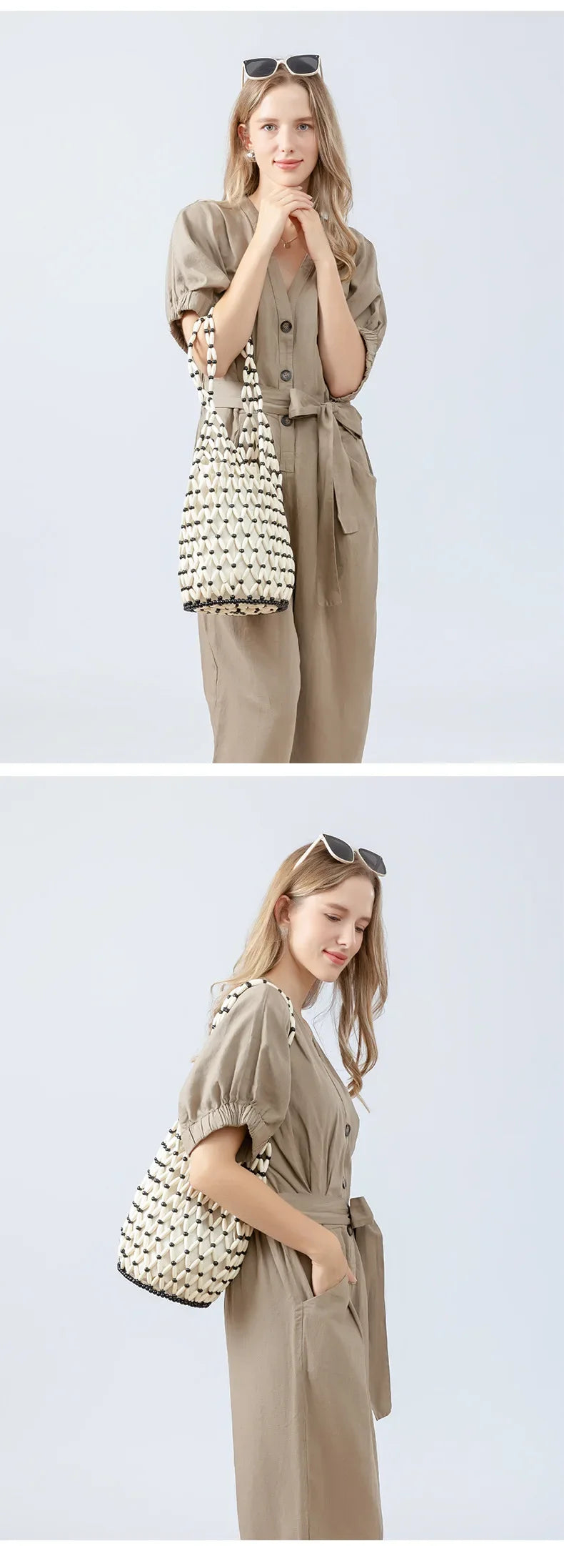 Women Woven Hand Bag Summer Design Hollow-out Wooden Bead Tote Bucket Shoulder Bag Female Reticulate Netted Canvas Beach Handbag