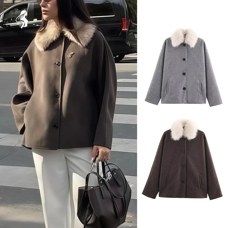 Womens Fashion Coat With Fur Collar Single Breasted Wool Coat Stylish And Versatile Suitable For Everyday And Work Wear