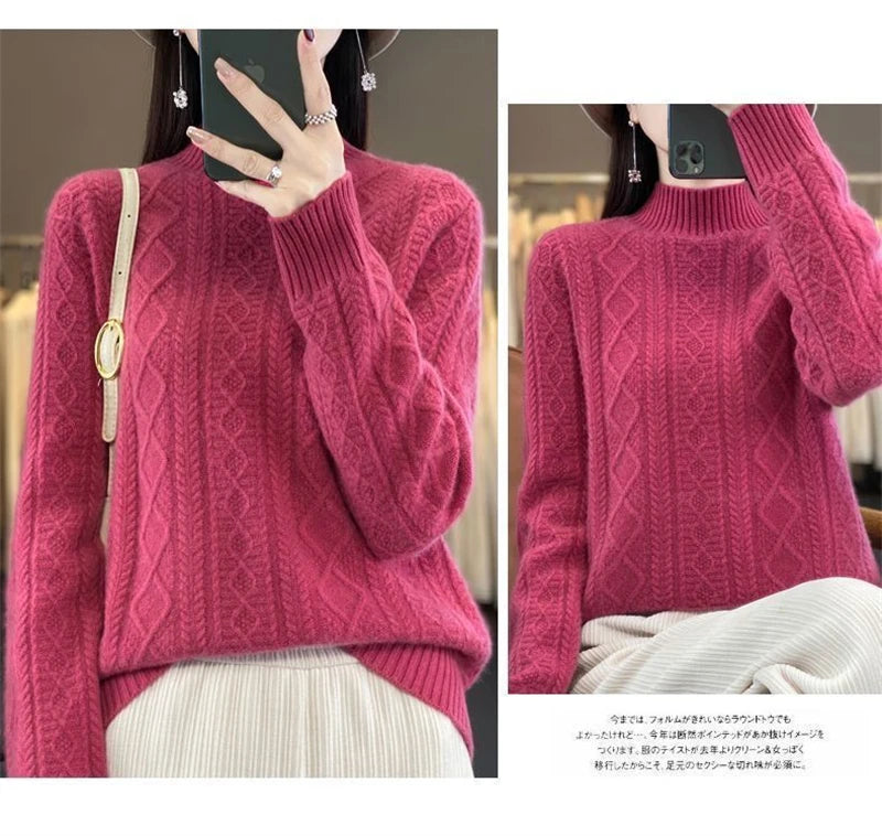 2024 New Women Autumn Winter Sweater Thick 100% Merino Wool Turtleneck Casual Cashmere Knitwaer Pullover Korean Fashion Tops