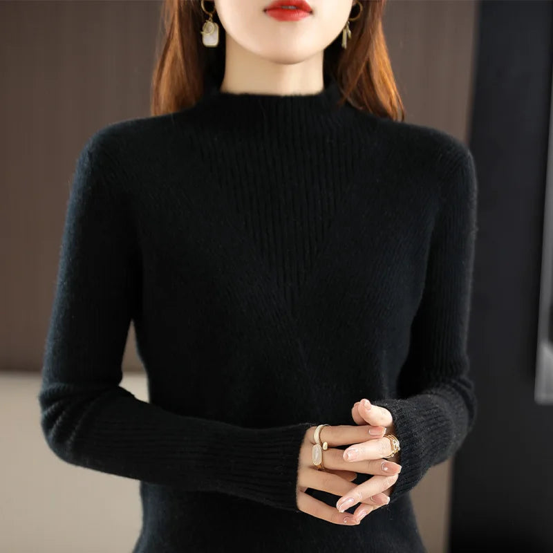 Cashmere Sweater Women Pure Color Half high collar Casual Long-sleeved Loose Pullover Cashmere Sweater Women's