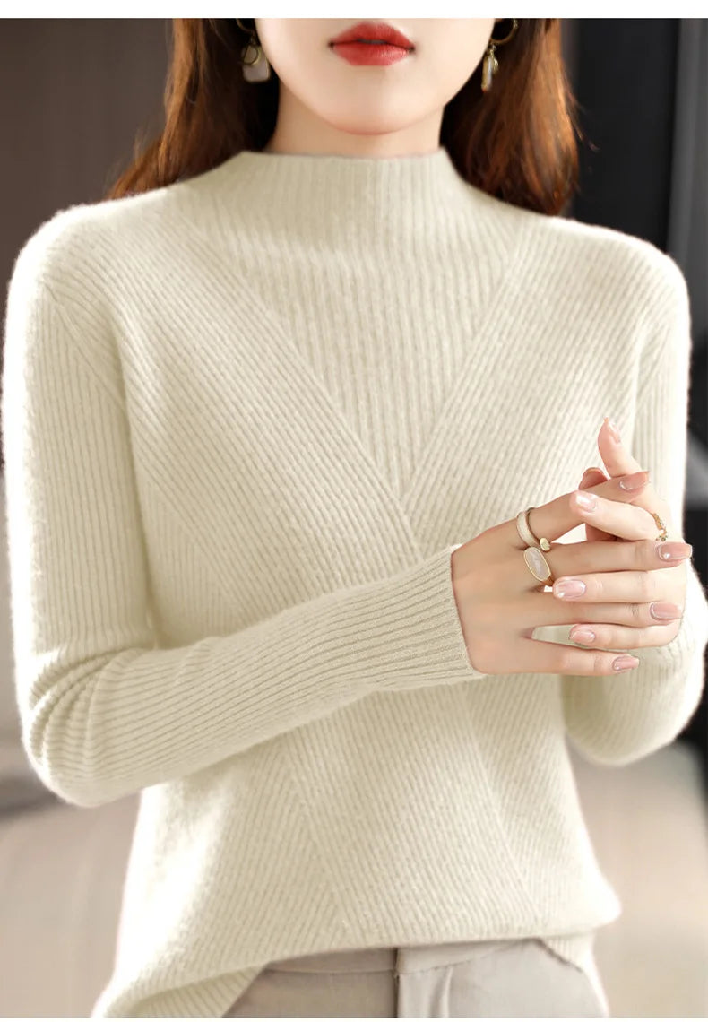 Cashmere Sweater Women Pure Color Half high collar Casual Long-sleeved Loose Pullover Cashmere Sweater Women's