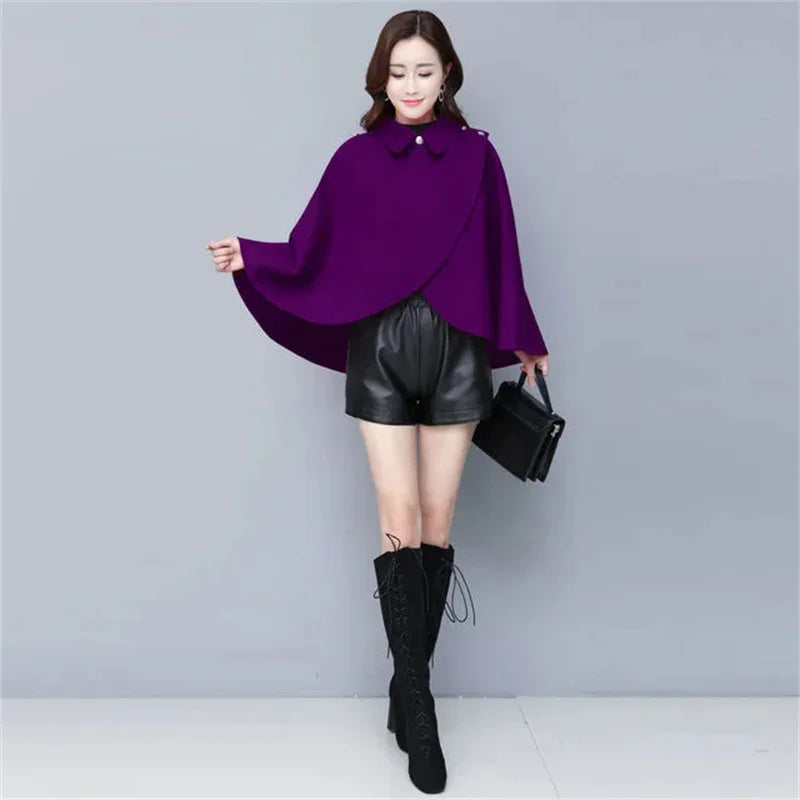 Fashion Woolen Shawl Coat For Women 2025 Autumn Winter New Woolen Jacket Short Outerwear Cape Red Black Coat Tops Female