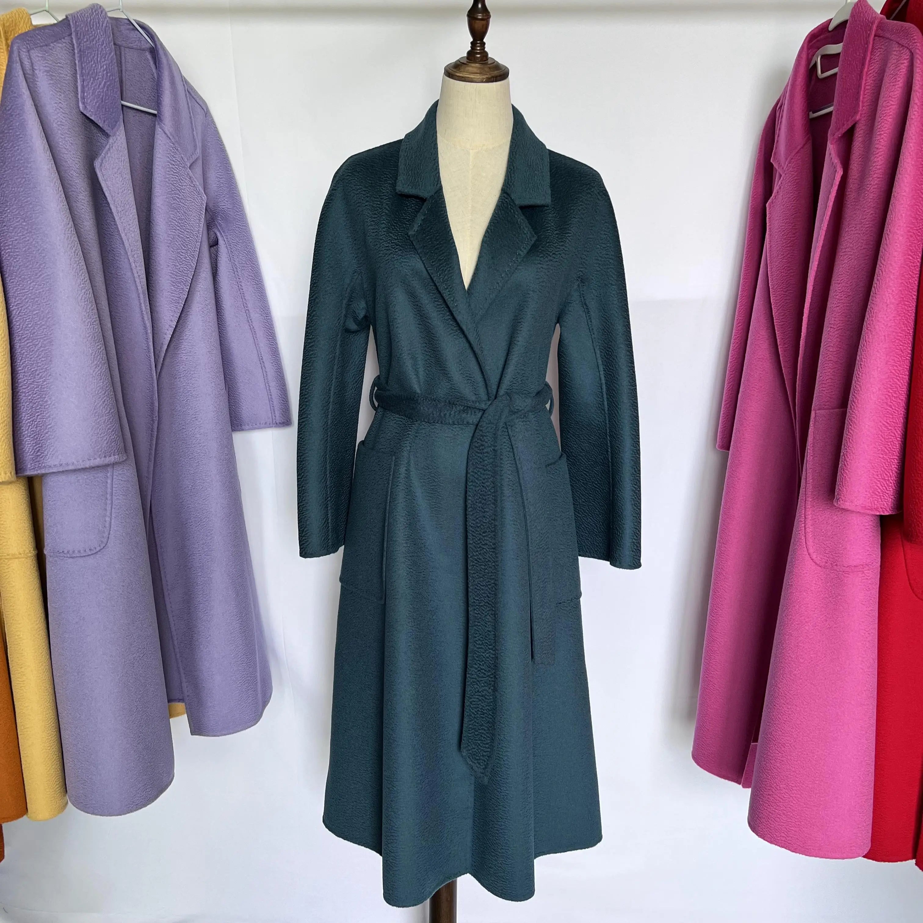 Cashmere Coat Female Winter Mid-Length Corrugated Coat Black Wool Coat Woman Autumn New Casual Fashion Red Beige Lace-Up Coat