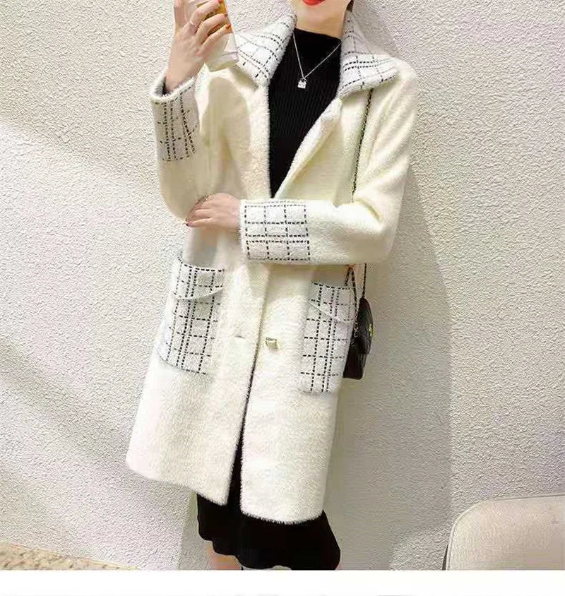 Woolen Coat Women New Autumn Winter Korean Trend Ladies Imitation Mink Velvet Jacket Simple Mid-Length Female Thickened Top Coat