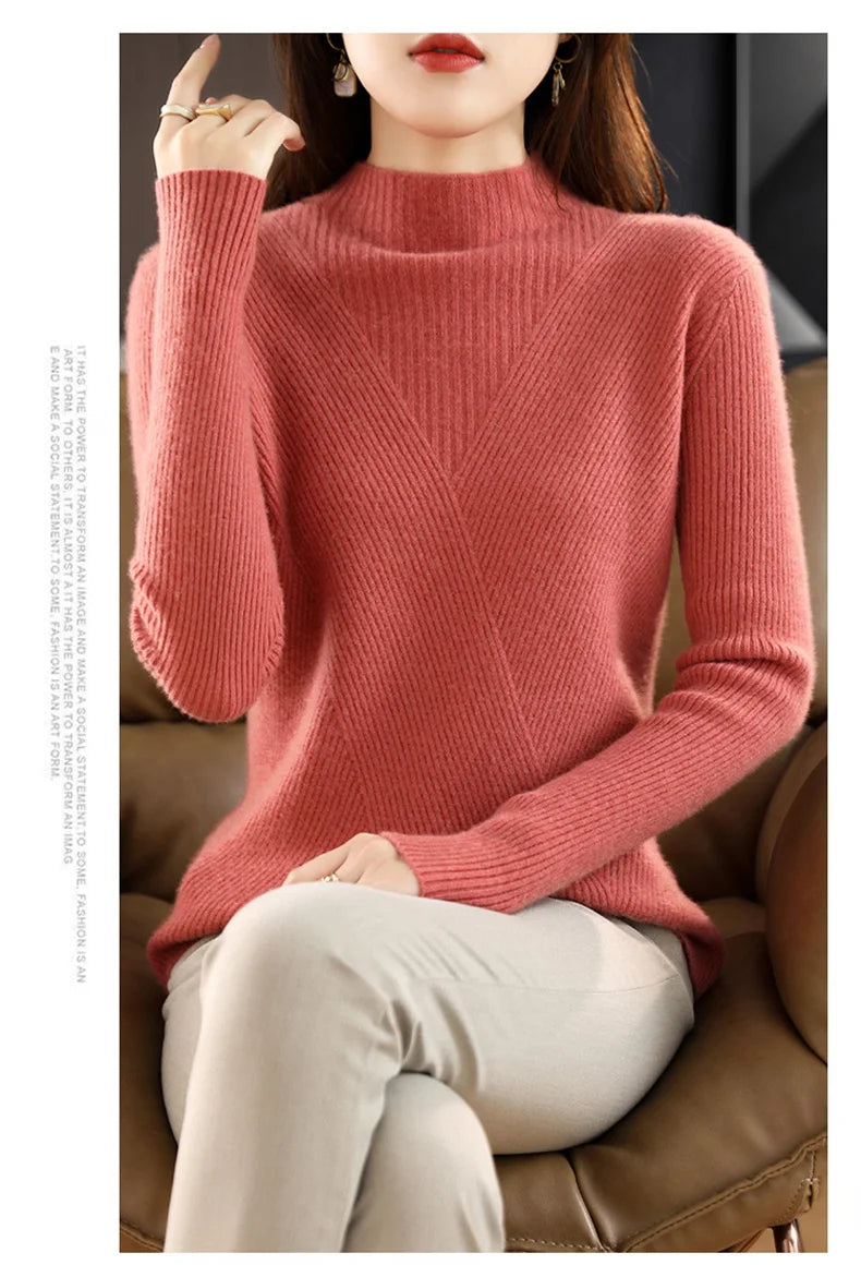 Cashmere Sweater Women Pure Color Half high collar Casual Long-sleeved Loose Pullover Cashmere Sweater Women's