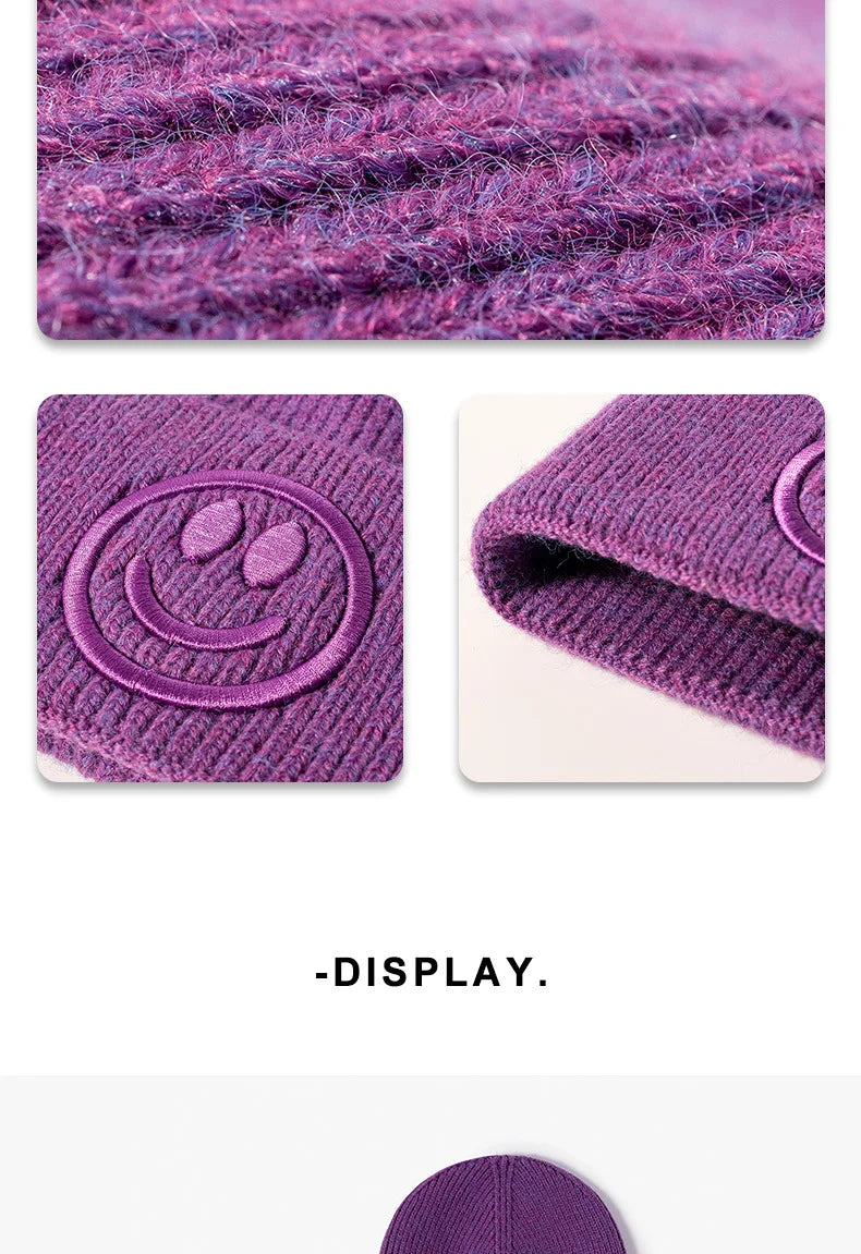 Wool hat female Korean versioncartoonsmiley face embroidered knittedautumn andwintermen'soutdoorwarm thickened brimless cold hat
