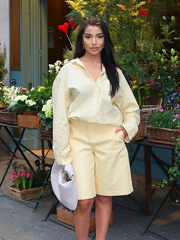 HH Women Elegant Commuter Shirt Splicing Loose Striped Single-breasted Lapel Blouse Female Spring Casual Long-sleeved Top