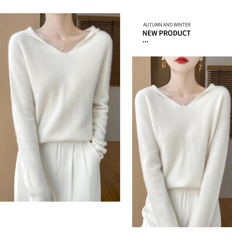 Women Autumn Winter Clothing Hooded Collar Pullover 100% Merino Wool Sweater New Fashion Cashmere Tops Bottoming Knitwear Soft