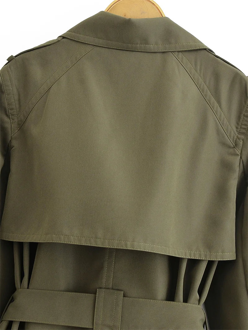 Women's Trench Coat 2025 Autumn New Style Army Green Long Sleeve Double-Breasted Belt Decorated Trench Coat Outerwear British
