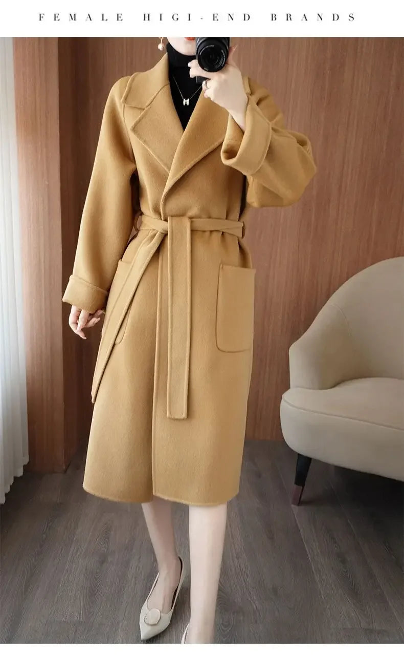 100% Wool Coat Women's Wear 2025 Autumn/Winter Fashion Temperament Double sided Cashmere Coats with Belt Elegant Long Overcoat