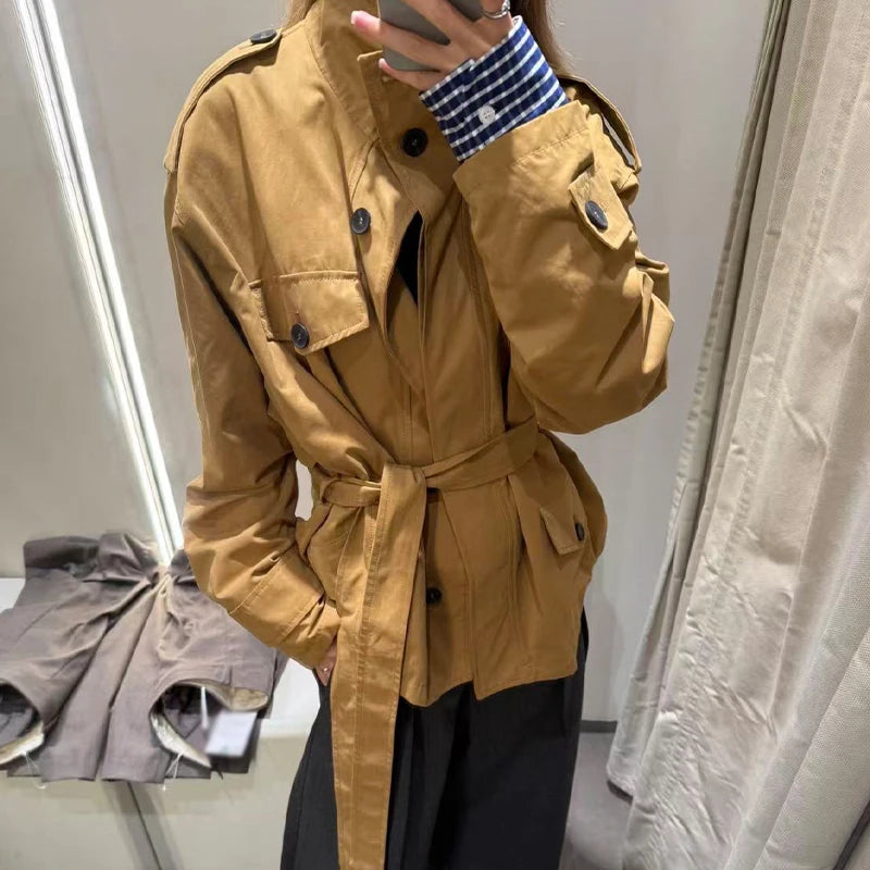 Women Fashion Cinched Waist Short Workwear Jacket Stand Collar Belted Trendy And Versatile Trench Coat Casual Stylish Streetwear