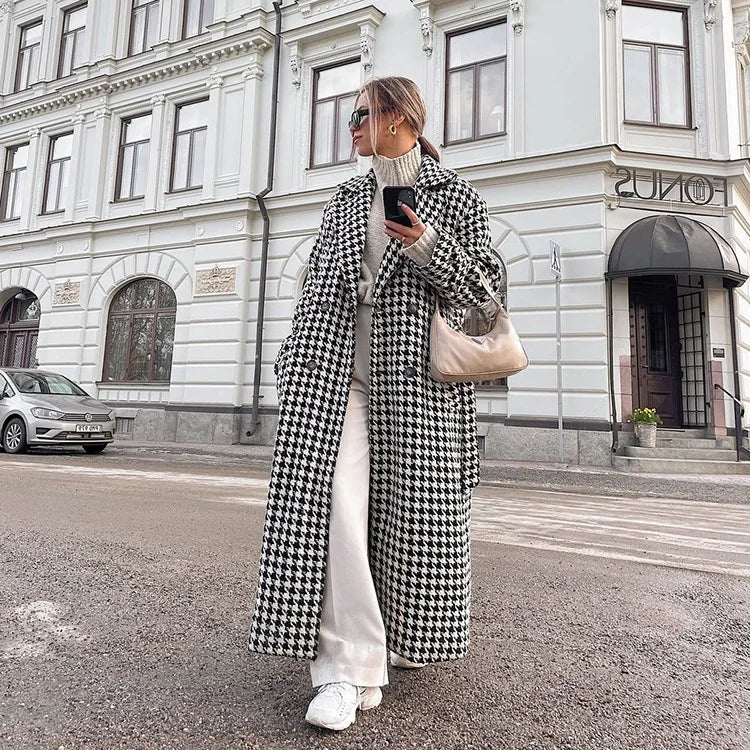Long Coat Women Coats Work Turn Down Collar Houndstooth Thick Work Trench Streetwear Elegant Jackets Open Stith Autumn Winter