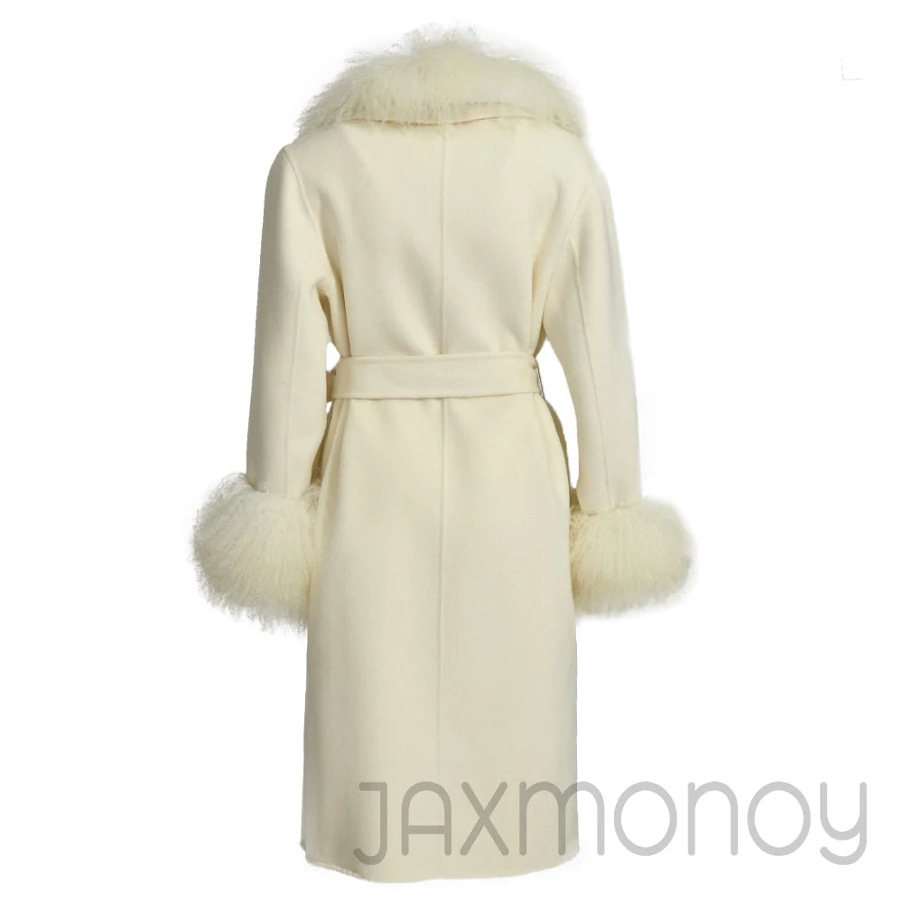 Women Cashmere Wool Coat With Real Mongolian Sheep Fur Collar  Ladies Autumn Winter Fashion Long Outwear Full Sleeve Fur Jacket
