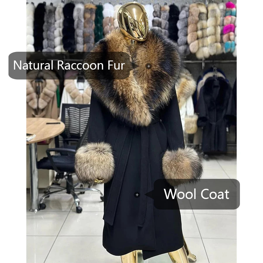 Cashmere Wool Coat For Women Raccoon Fur Coat Long Cashmere Fur Jacket With Real fur Collar Cuffs  Black Genuine Woolen Coats
