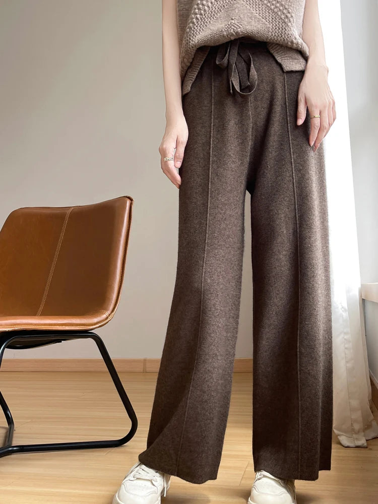 2024 Women's Cashmere Pants Sports Pants Women's Autumn and Winter High Waist Drawstring Warm Pants Knitted Cashmere Warm Pants