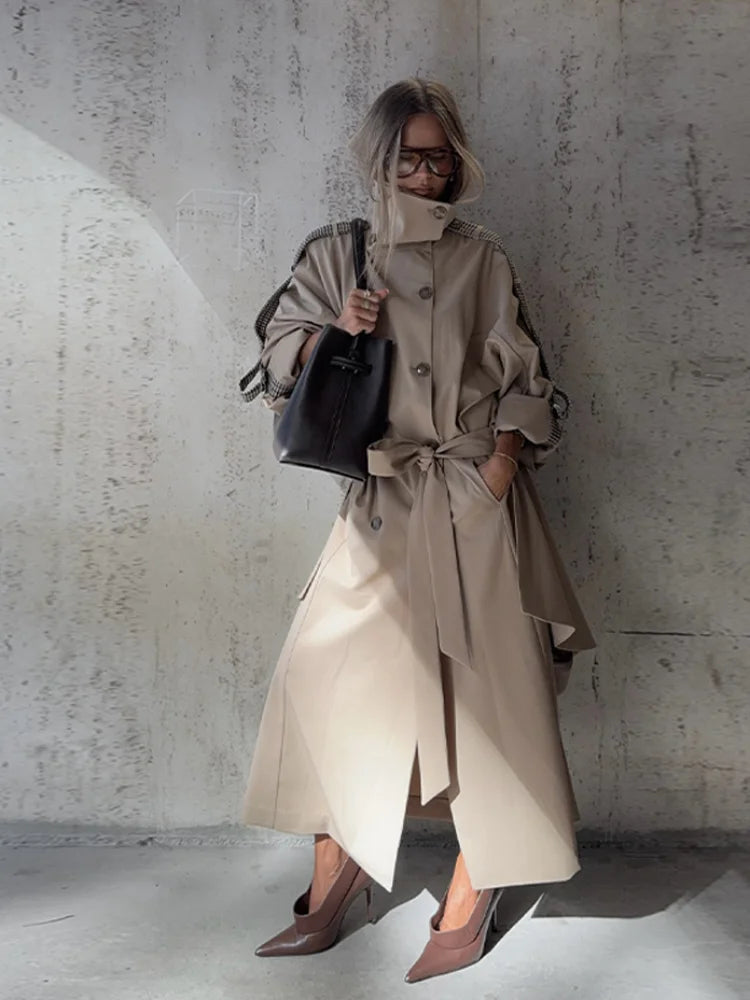 Women's Trench Coat Double Breasted Stand Collar Epaulet Lace Up Long Windbreaker Office Lady Winter Autumn Solid Slim Outerwear