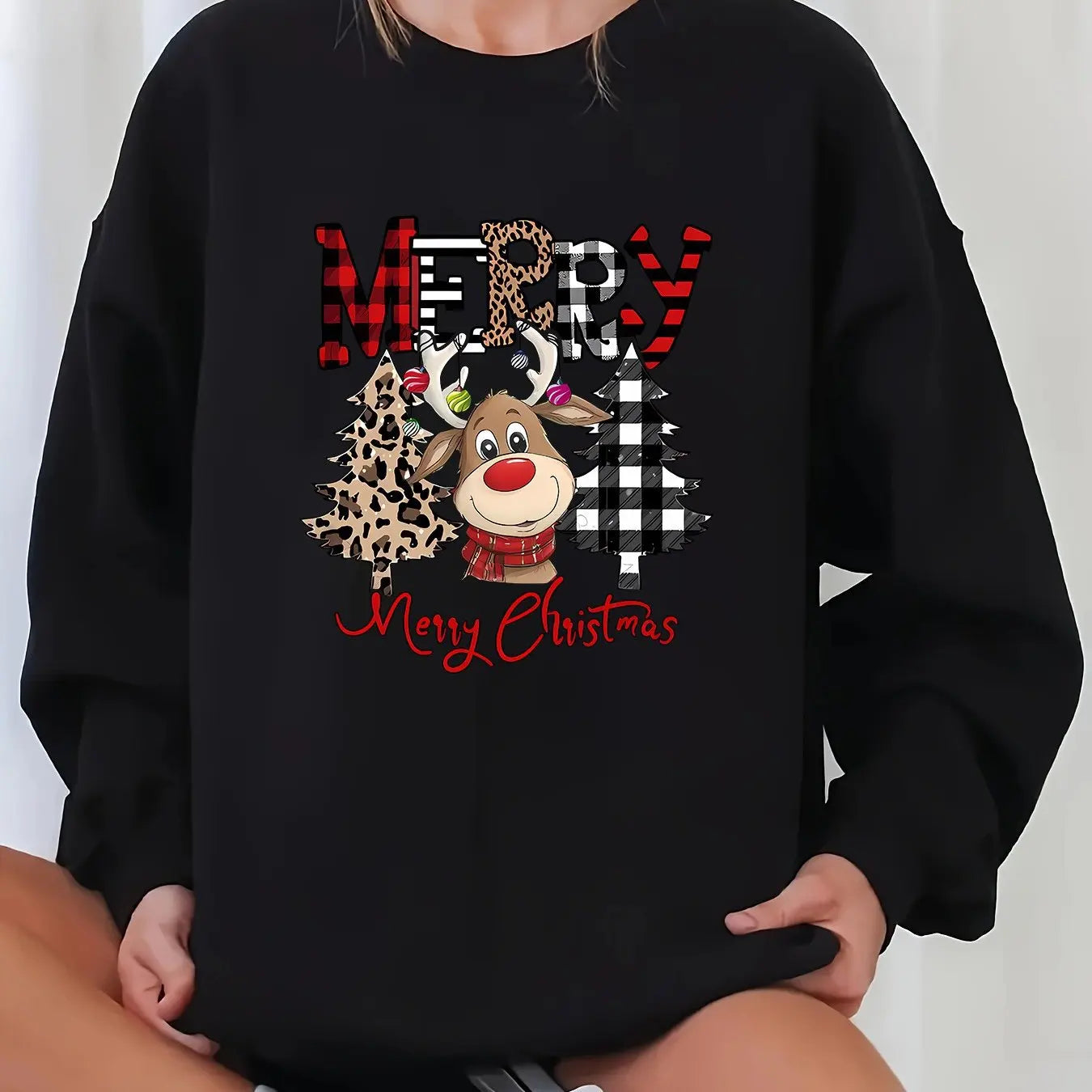 Women's Christmas Casual Sweatshirt with Merry Christmas Let Warm round-neck long-sleeved pullover