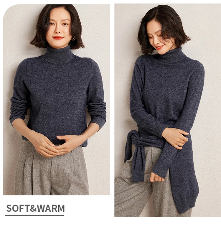 100% Pure Cashmere Sweaters Women' Lapel Knitted Pullover Casual Loose High-End Sweater Autumn New High-Neck Cashmere Base Shirt
