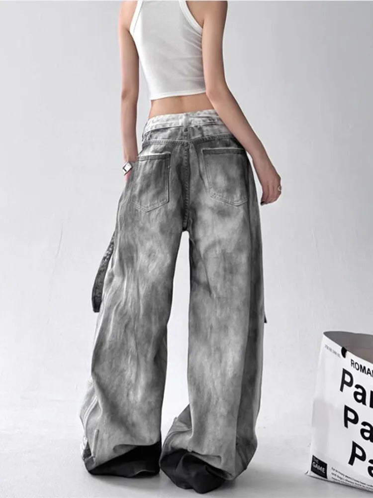 Women Jeans Pants American High Street Ripped Straight Wide-Leg Jeans For Women Design Tie-Dye Jazz Dance Cargo Full Thin Jeans