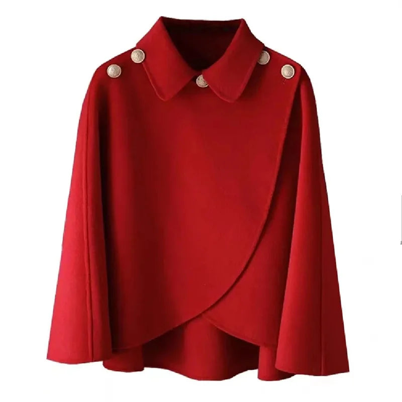 Fashion Woolen Shawl Coat For Women 2025 Autumn Winter New Woolen Jacket Short Outerwear Cape Red Black Coat Tops Female