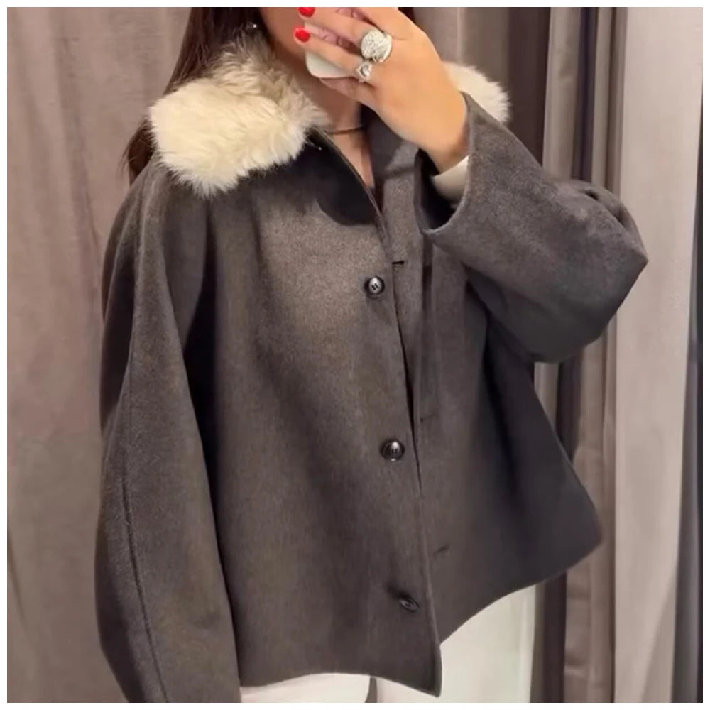 Womens Fashion Coat With Fur Collar Single Breasted Wool Coat Stylish And Versatile Suitable For Everyday And Work Wear