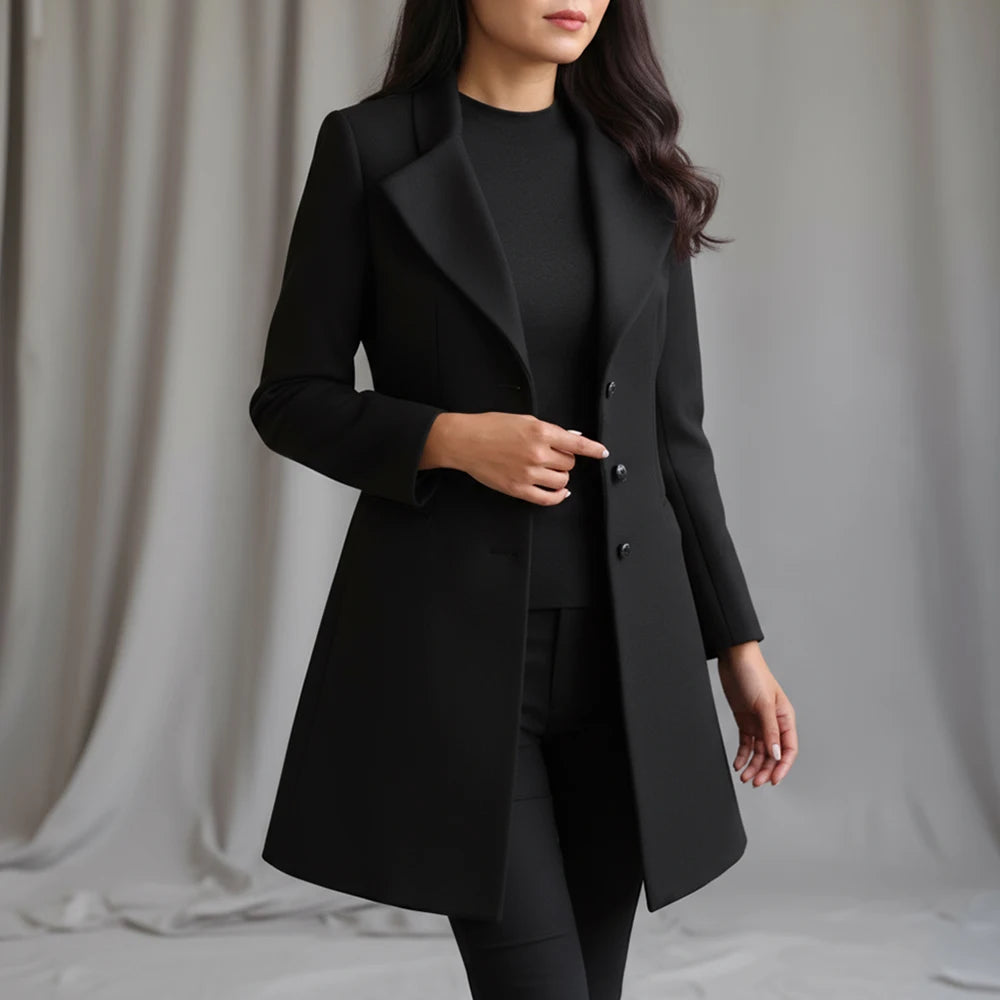 Women's Winter Coats 2025 All-Black Mid-Length Design with Chic Wide Lapel and Long Sleeve for Effortless Street Elegance