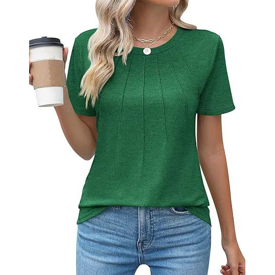 Women's Clothing European American T-shirt Tops Tees spring summer women's round neck pleated short sleeved solid color T-Shirts