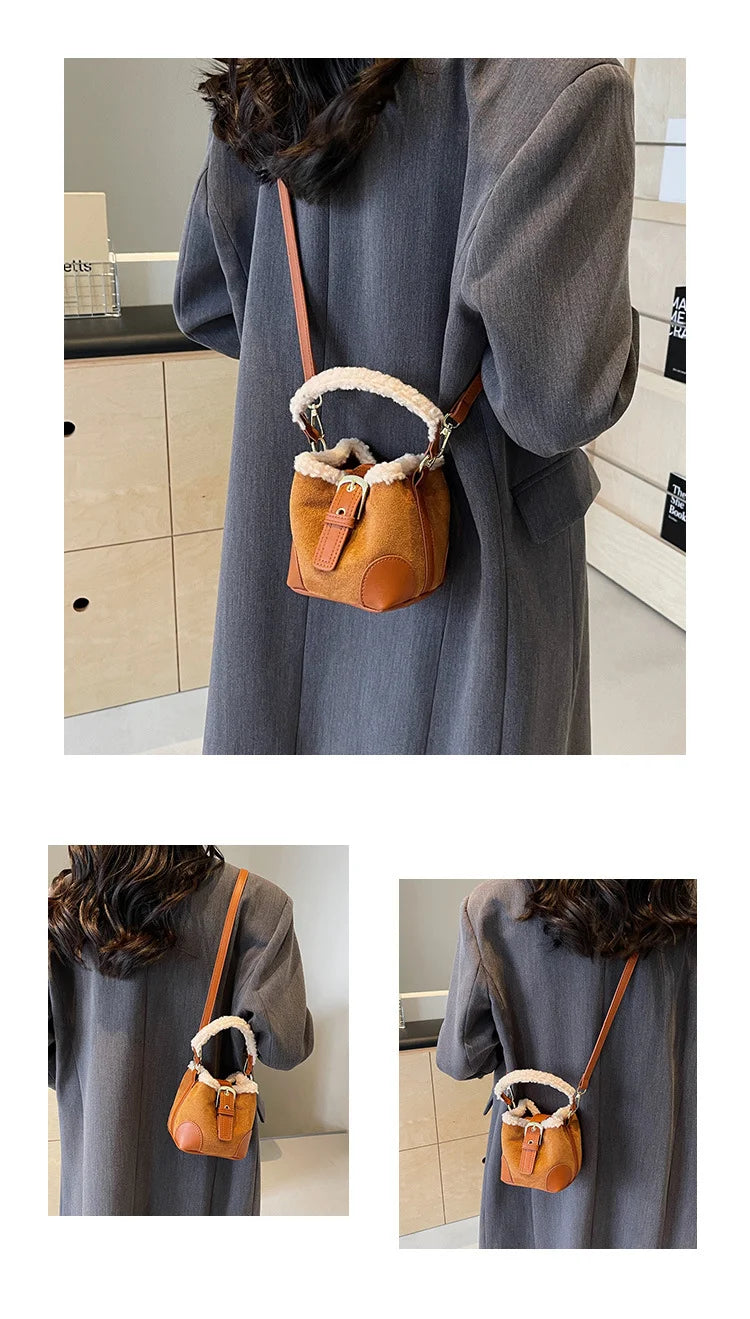Women's Bags Bucket Shoulder Handbag Autumn Winter Vintage Versatile Lamb Wool Handbag Elegant Fashion Crossbody Bag Wholesale