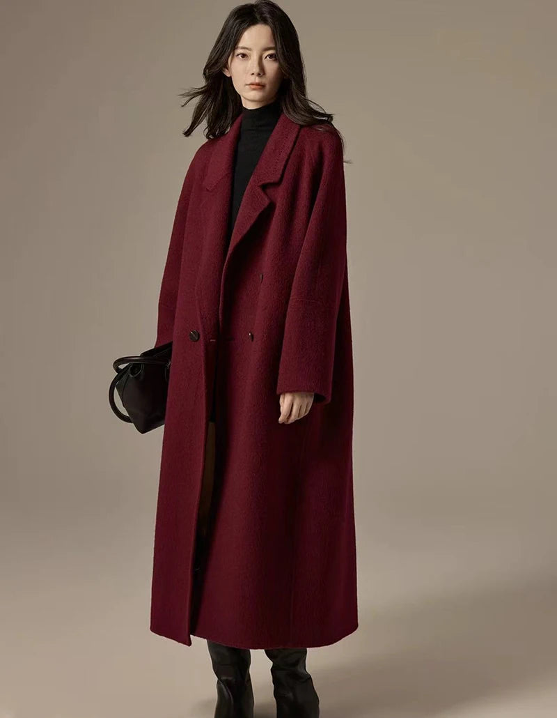 Vintage Faux Wool Coat Women Y2K Autumn Streetwear Loose Casual Midi Jacket Korean Elegant Office Ladies Blended Outwear New