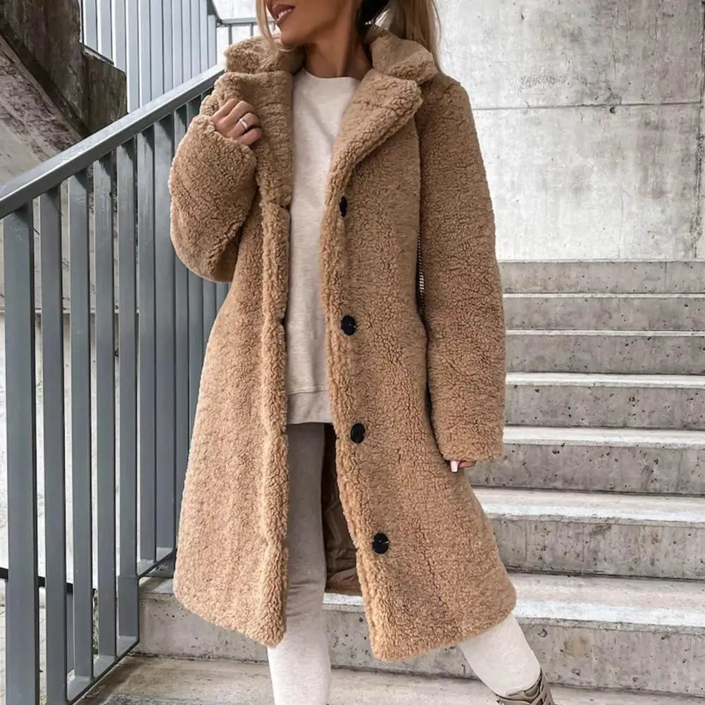 Trendy Women Overcoat Autumn Winter Women Trench Coat Long Style Pure Color Single-breasted Teddy Jacket  Windproof