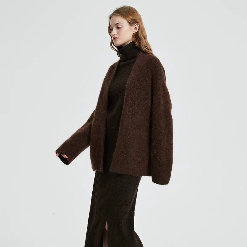 BAHTLEE-Women's Mohair Cardigan Knitted Sweater V-Neck Solid Long Sleeves Coat Keep Warm