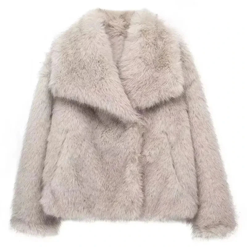 HH Winter Women Casual Faux Fur Lapel Jackets Fashion Solid Oversized Thick Coats Female Fuzzy Warm Long Sleeves Outerwear