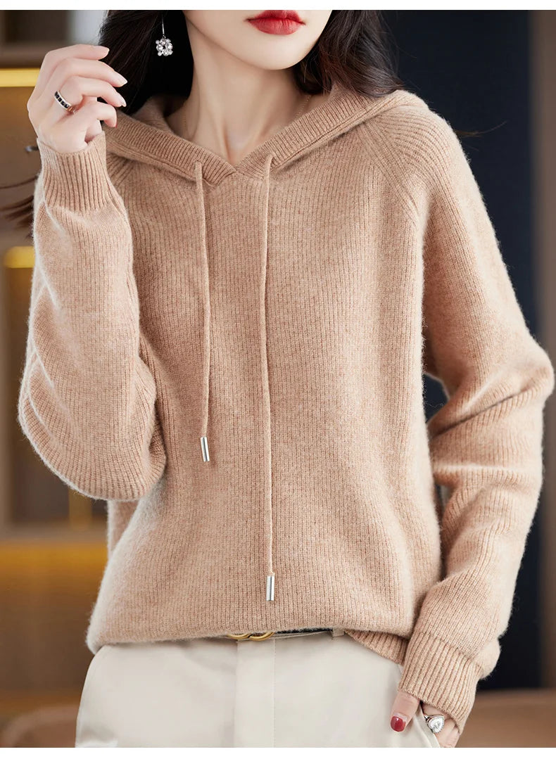 2023 New Cashmere hooded sweater Women Long Sleeve Autumn and Winter Knit hooded Pullover Solid Color Cashmere Base
