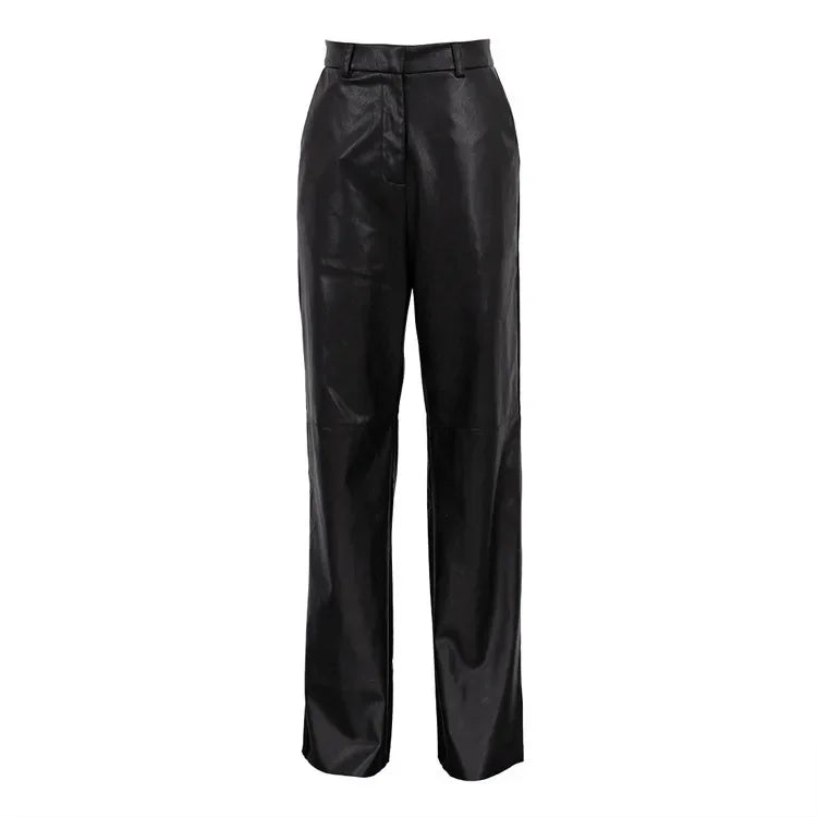 Women's Trousers Spring Fashion PU Leather Mid High Waist Lifting Hip Straight Leg Casual Women's Pants