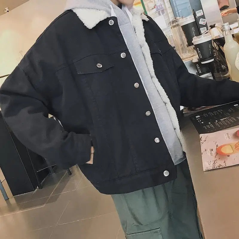 Winter Lamb Wool Denim Jacket for Men Korean Version Trendy Versatile Velvet and Thickened Cotton Men's Jacket Handsome Coat