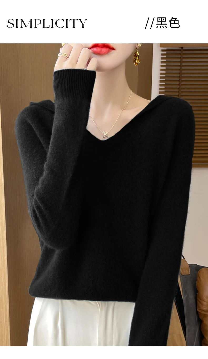 Women Autumn Winter Clothing Hooded Collar Pullover 100% Merino Wool Sweater New Fashion Cashmere Tops Bottoming Knitwear Soft