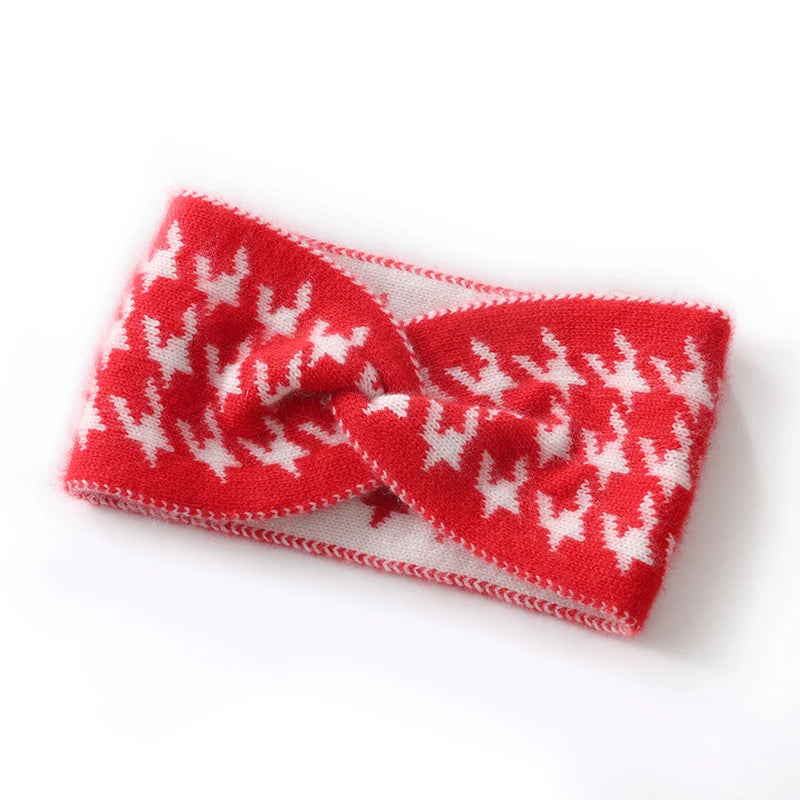 100% Cashmere Headband for Women, Color Block Hair Accessory, Wide Edge Bow Knitted Hair Ornament, Computer Jacquard Headband